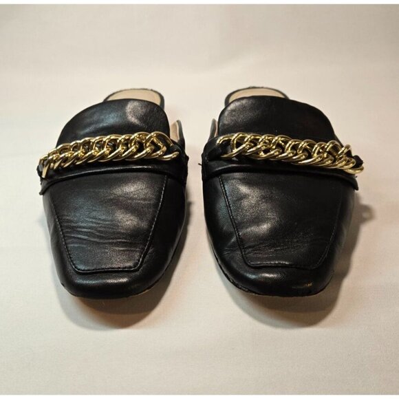 Gianni Bini Black Flat Mule Slip-On Gold Chain Sz 7 Leather Embellished Career - Picture 10 of 10